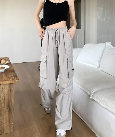 Women Fashion Casual Solid Color Loose Wide Leg Straight Cargo Pants