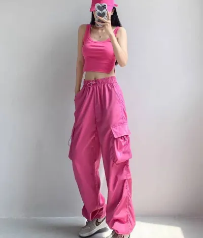 Women Fashion Casual Solid Color Loose Wide Leg Straight Cargo Pants