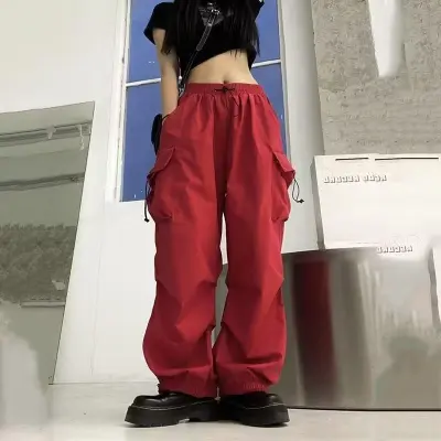 Women Fashion Casual Solid Color Loose Wide Leg Straight Cargo Pants