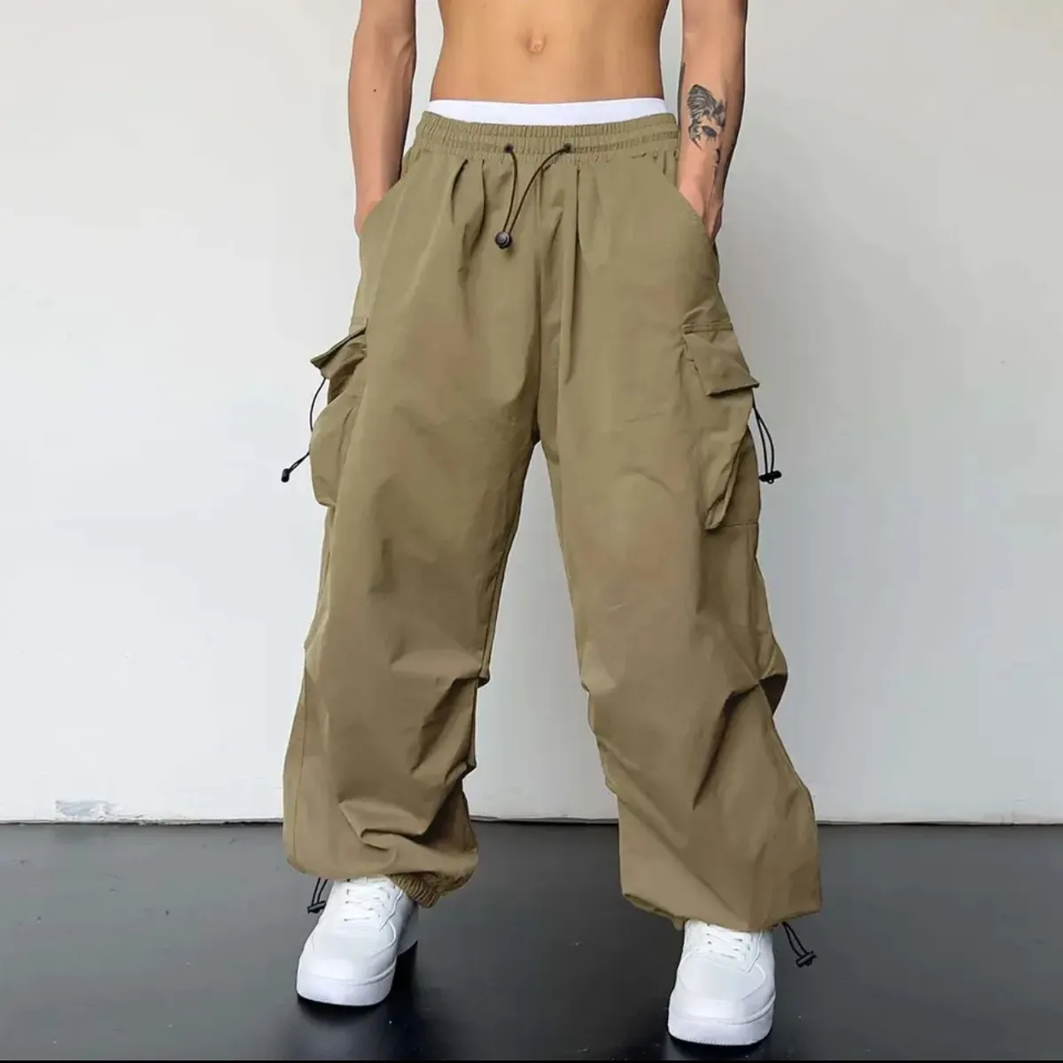 Women Fashion Casual Solid Color Loose Wide Leg Straight Cargo Pants