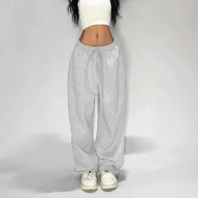Women Fashion Casual Solid Color Drawstring Loose Pants