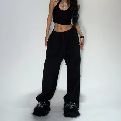 Women Fashion Casual Solid Color Drawstring Loose Pants