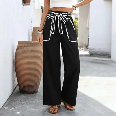 Women Fashion Casual Spring Contrast Color High Waist Loose Wide Leg Pants