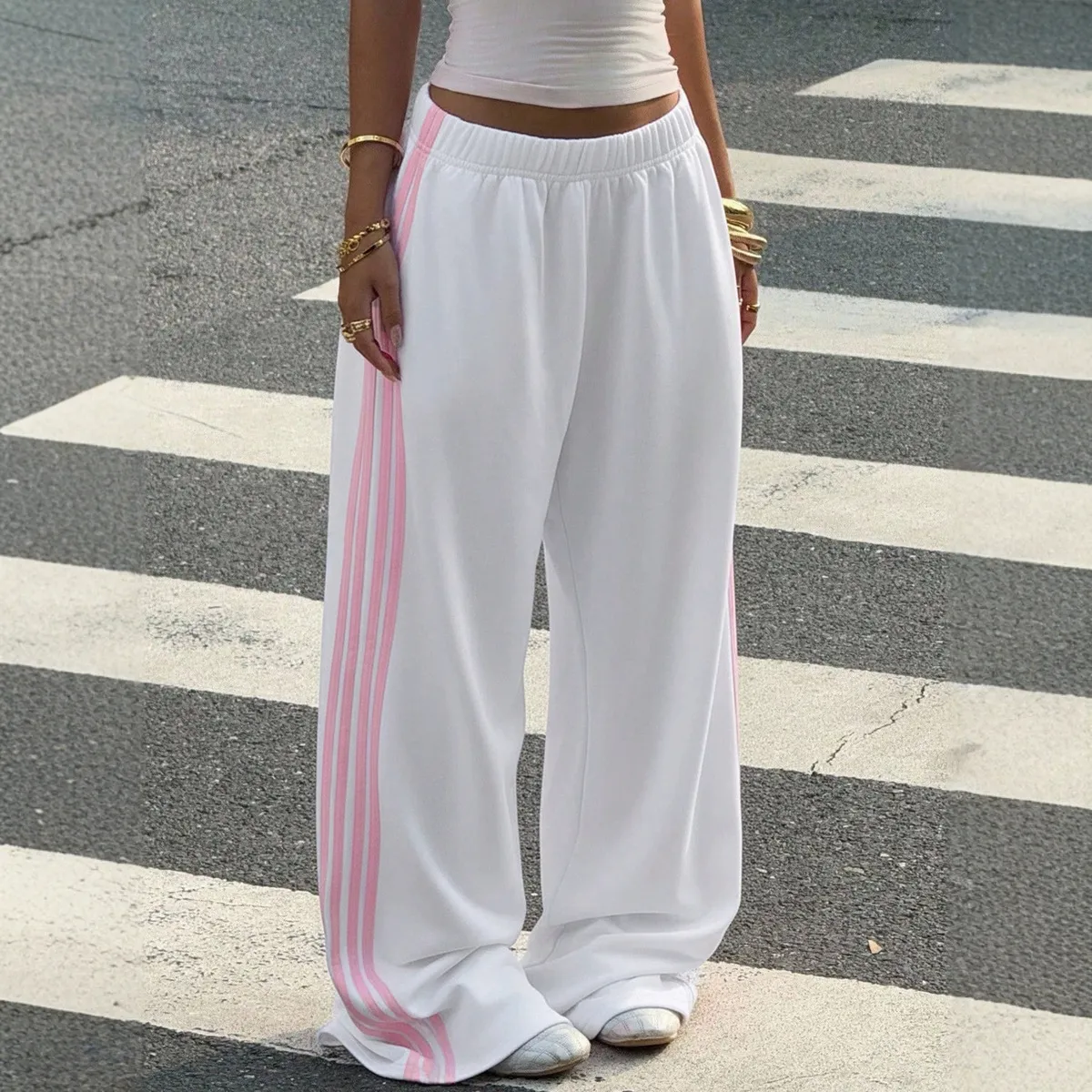 Women Fashion Casual Side Stripe High Waist Stitching Loose Wide-Leg Pants