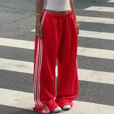Women Fashion Casual Side Stripe High Waist Stitching Loose Wide-Leg Pants