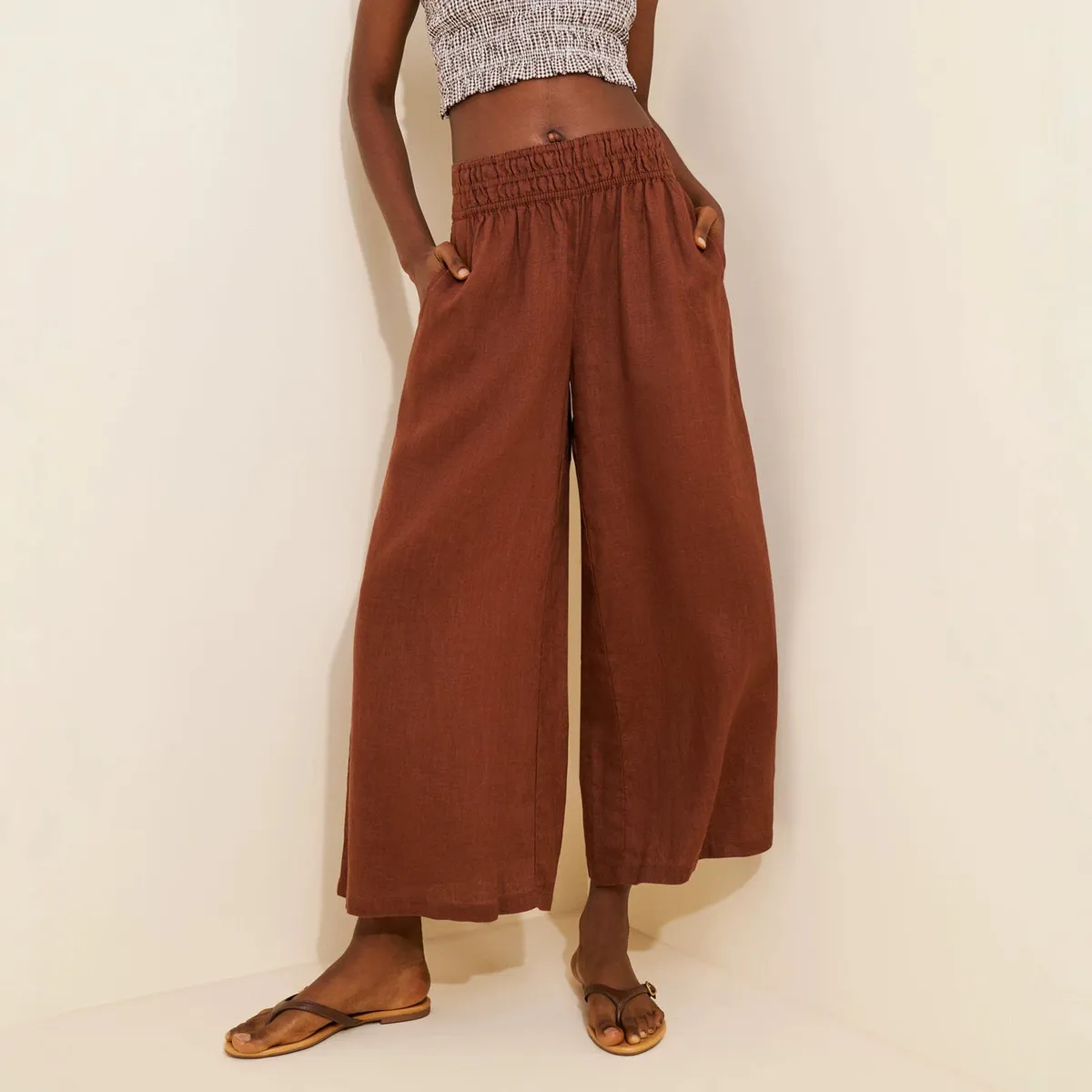 Women Fashion Casual Solid Color Breathable High Waist Wide Leg Pants