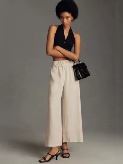 Women Fashion Casual Solid Color Breathable High Waist Wide Leg Pants