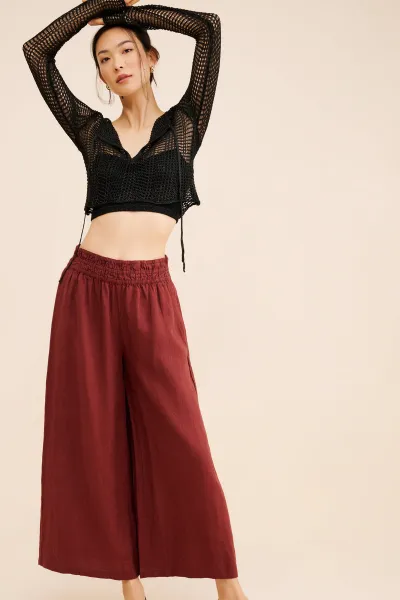 Women Fashion Casual Solid Color Breathable High Waist Wide Leg Pants
