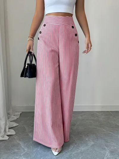 Women Fashion Casual Stripe High Waist Wide Leg Button Decorative Pants