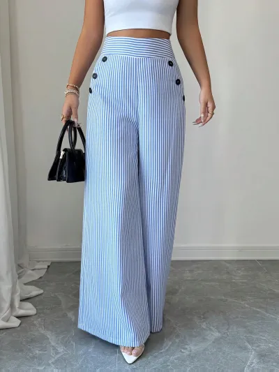 Women Fashion Casual Stripe High Waist Wide Leg Button Decorative Pants