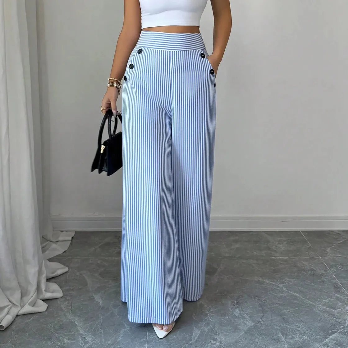 Women Fashion Casual Stripe High Waist Wide Leg Button Decorative Pants