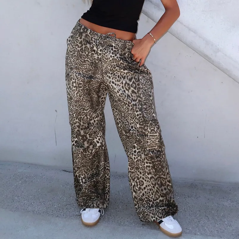 Women Fashion Casual Leopard Loose Strap Multi-Pocket Straight Pants