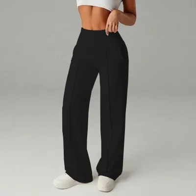 Women Fashion Casual Solid Color High Waist Mid-Line Pleated Draped Stretch Pants