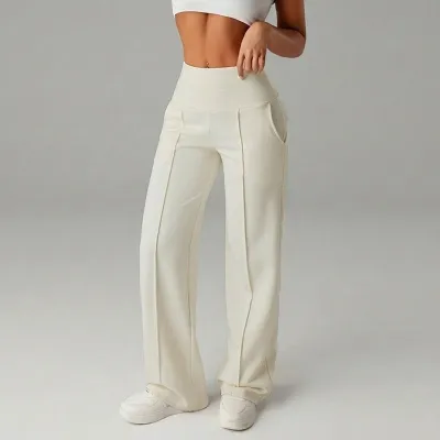 Women Fashion Casual Solid Color High Waist Mid-Line Pleated Draped Stretch Pants