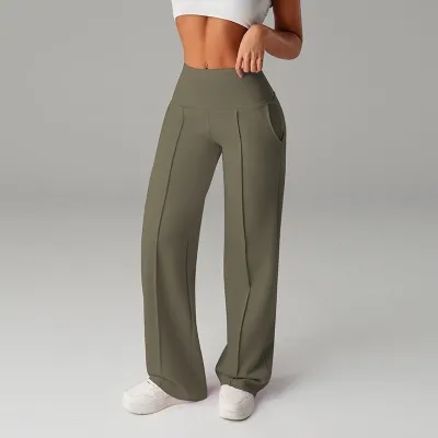 Women Fashion Casual Solid Color High Waist Mid-Line Pleated Draped Stretch Pants