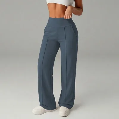 Women Fashion Casual Solid Color High Waist Mid-Line Pleated Draped Stretch Pants