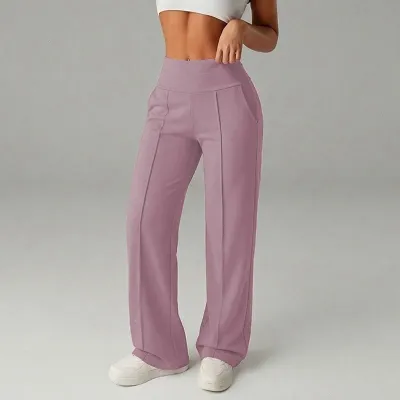 Women Fashion Casual Solid Color High Waist Mid-Line Pleated Draped Stretch Pants