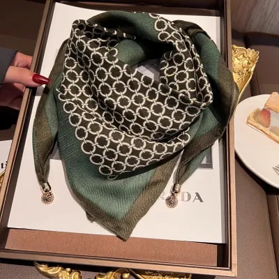 Women Fashion Casual Printed Magnetic Buckle Silk Thin Square Scarfs
