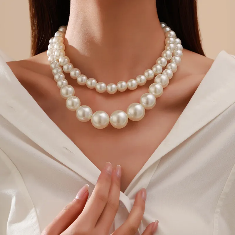Women Fashion Retro Exaggerated Elegant Large Pearl Multi-Layer Beaded Necklace Set