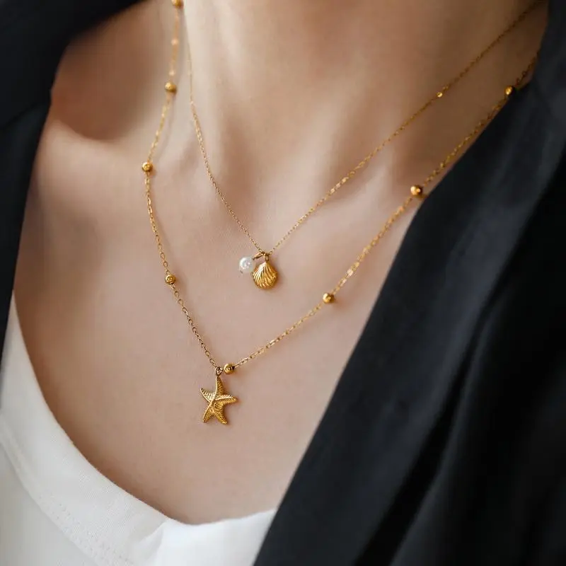 Women Fashion Double Layer Stacked Wear Ocean Style Shell Starfish Pearl Titanium Steel Necklace