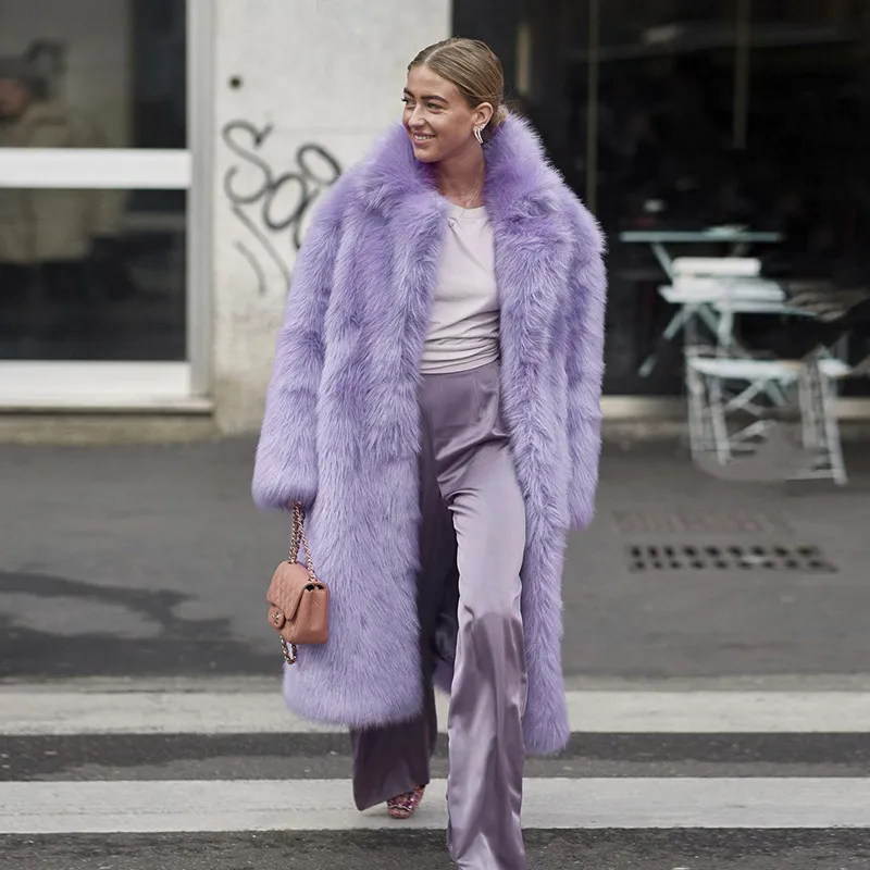 Winter Women Fashion Solid Color Faux Fur Plush Long Coat