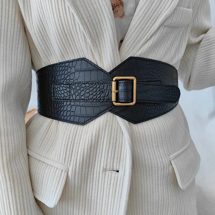 Women Fashion Retro Solid Color Crocodile Pattern Wide Elastic Belt