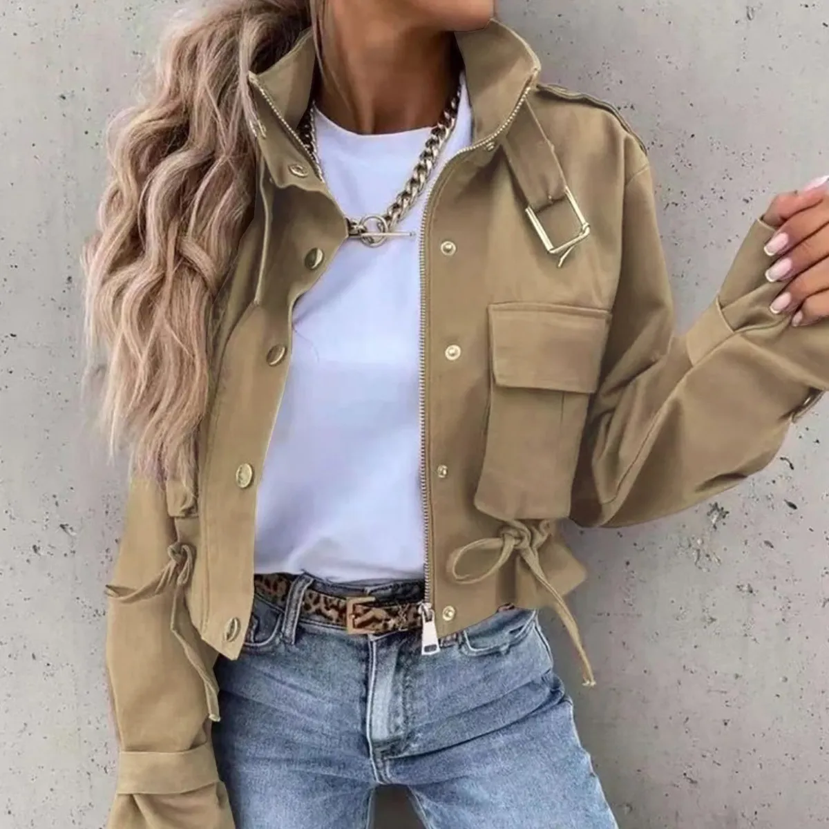 Women Fashion Casual Autumn And Winter High Collar Single-Breasted Zipper Long-Sleeve Jacket