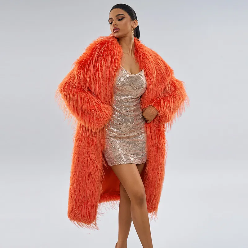 Winter Women Fashion Solid-Color Faux Fur Plush Long Coat