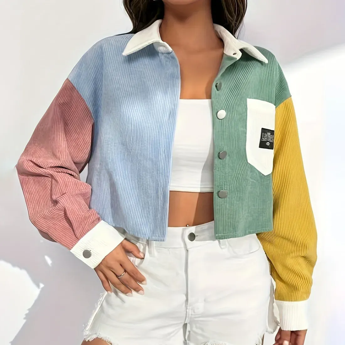 Women Fashion Casual Autumn Corduroy Contrast Color Stitching Thin Long-Sleeve Loose Jacket