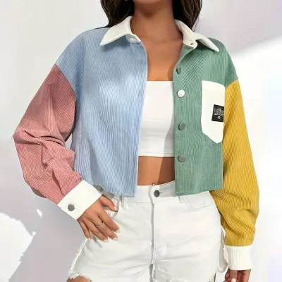 Women Fashion Casual Autumn Corduroy Contrast Color Stitching Thin Long-Sleeve Loose Jacket
