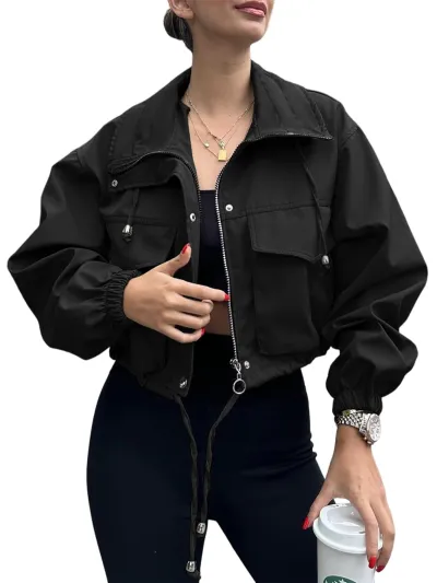 Women Fashion Casual Autumn Solid Color Zipper Lapel Long-Sleeve Short Jacket