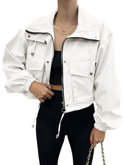Women Fashion Casual Autumn Solid Color Zipper Lapel Long-Sleeve Short Jacket