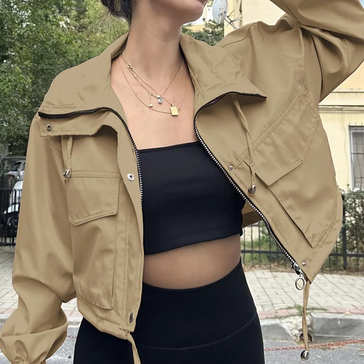 Women Fashion Casual Autumn Solid Color Zipper Lapel Long-Sleeve Short Jacket