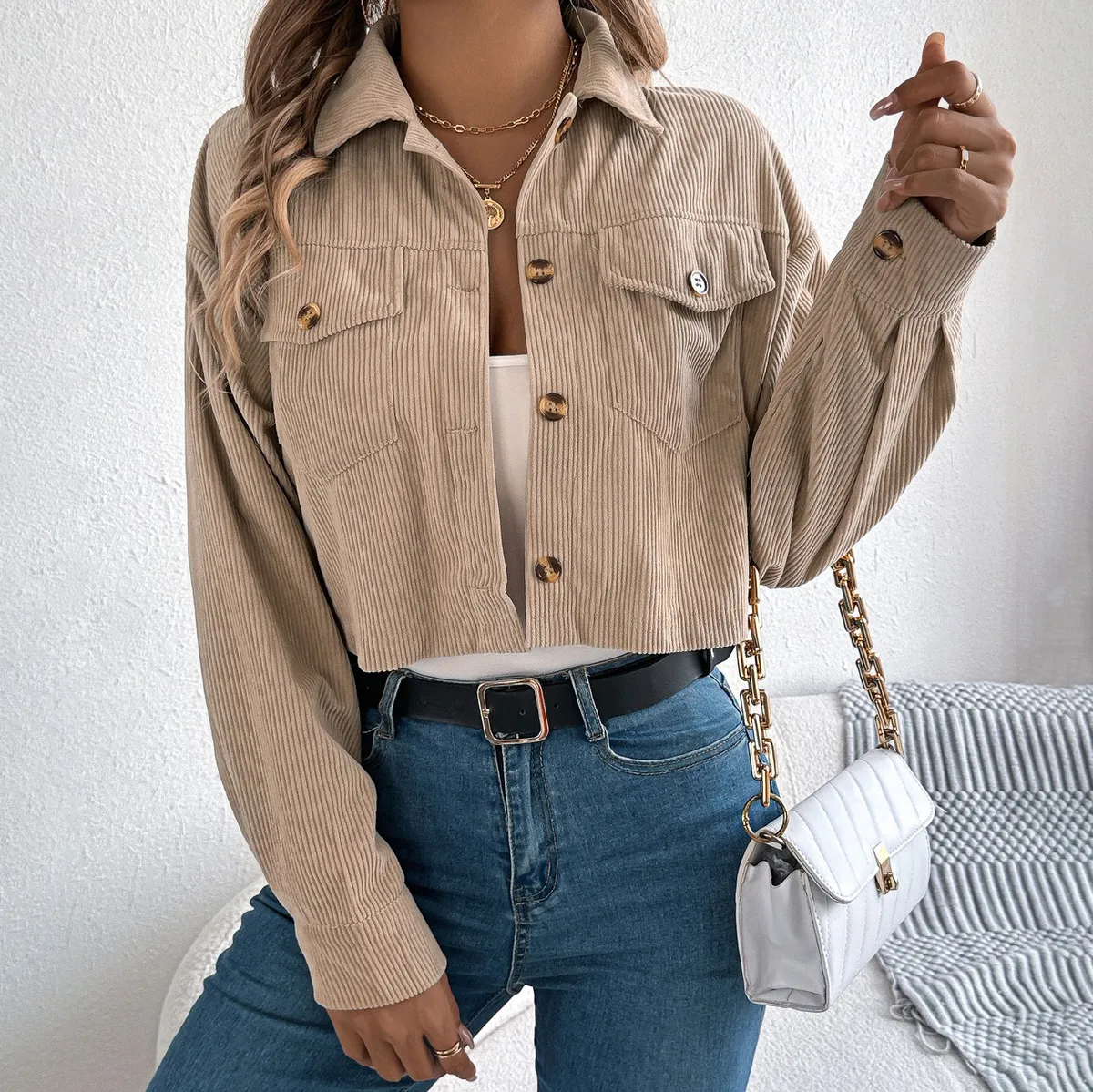 Women Fashion Casual Autumn And Winter Solid Color Corduroy Lapel Pocket Long Sleeve Short Jacket