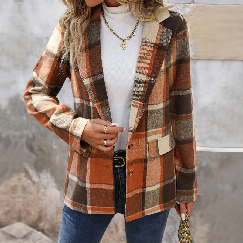 Women Fashion Casual Autumn And Winter Plaid Sanding Loose Lapel Long-Sleeve Coat