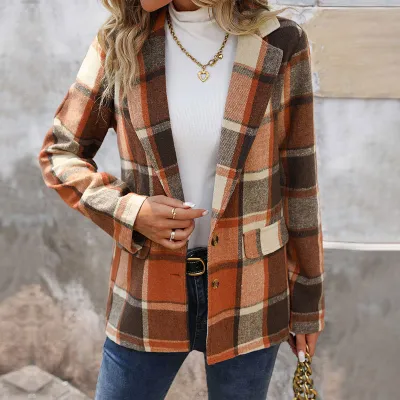 Women Fashion Casual Autumn And Winter Plaid Sanding Loose Lapel Long-Sleeve Coat