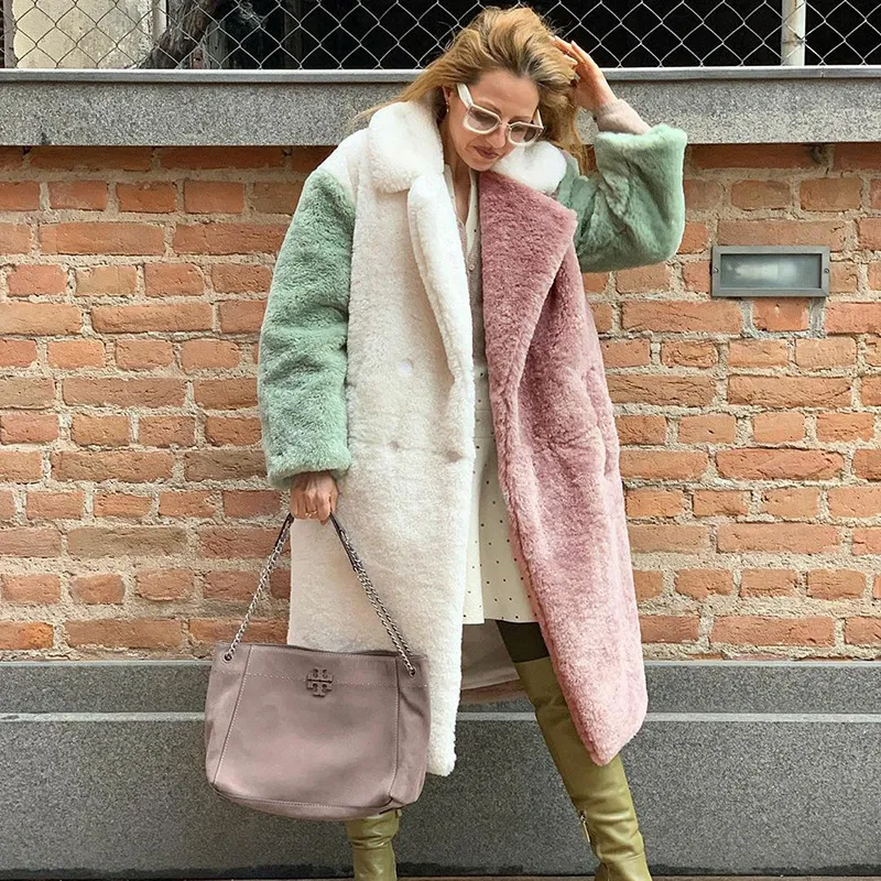 Autumn And Winter Women'S Fashion Color Matching Faux Fur Plush Long Coat