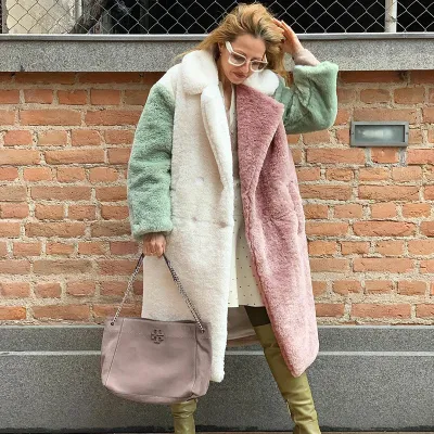 Autumn And Winter Women'S Fashion Color Matching Faux Fur Plush Long Coat