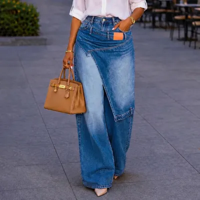 Women Fashion Irregular Patchwork Loose Wide Leg Jeans