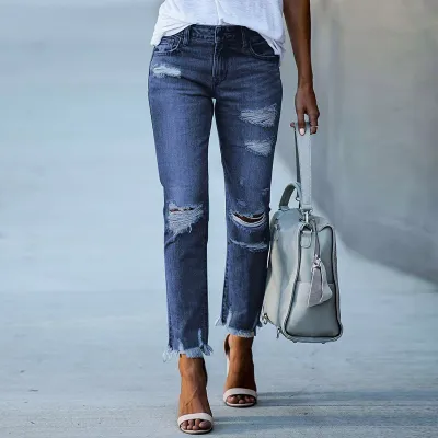 Women Fashion Solid Color Ripped Skinny Jeans