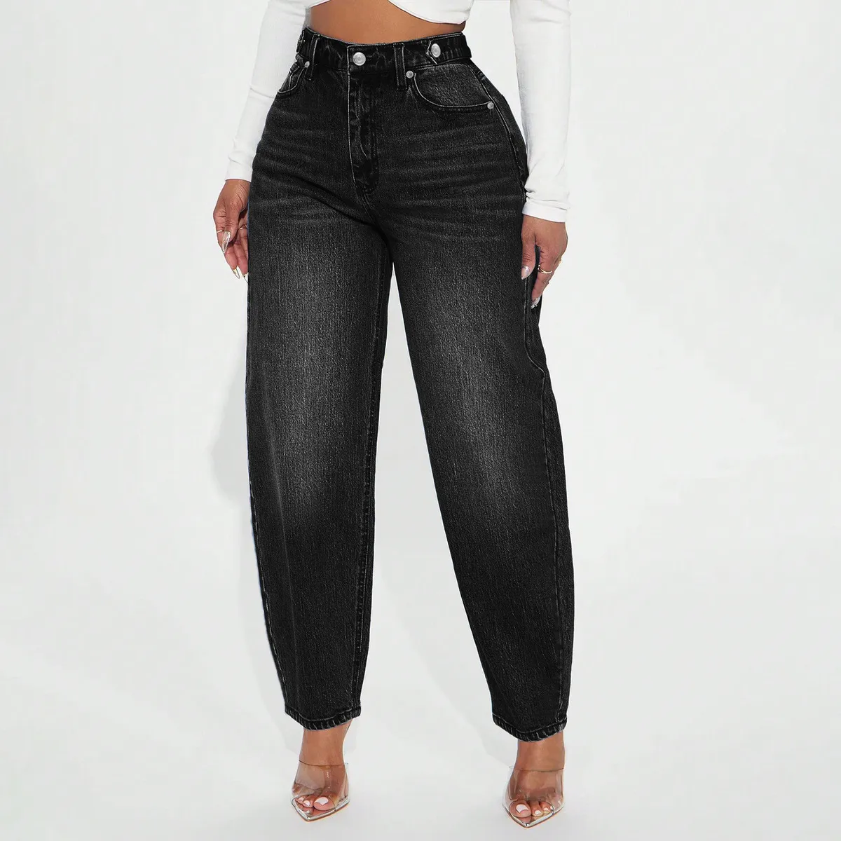 Women Fashion Casual Washed Blue Loose Mom Jeans