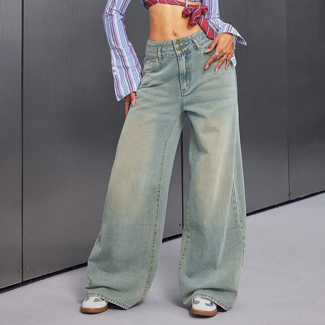 Women Fashion Casual Buckle Loose Straight Wide Leg Jeans