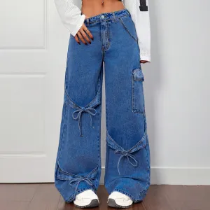 Women Fashion Bow Lace-Up Style Straight Wide Leg Jeans