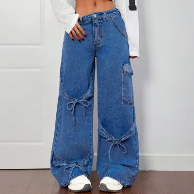 Women Fashion Bow Lace-Up Style Straight Wide Leg Jeans