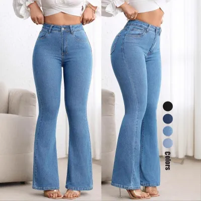Women Fashion Solid Color Stretch Slim-Fit High Waist Bootcut Jeans