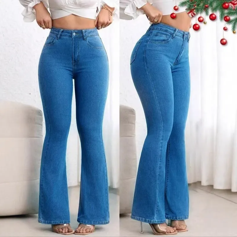 Women Fashion Solid Color Stretch Slim-Fit High Waist Bootcut Jeans