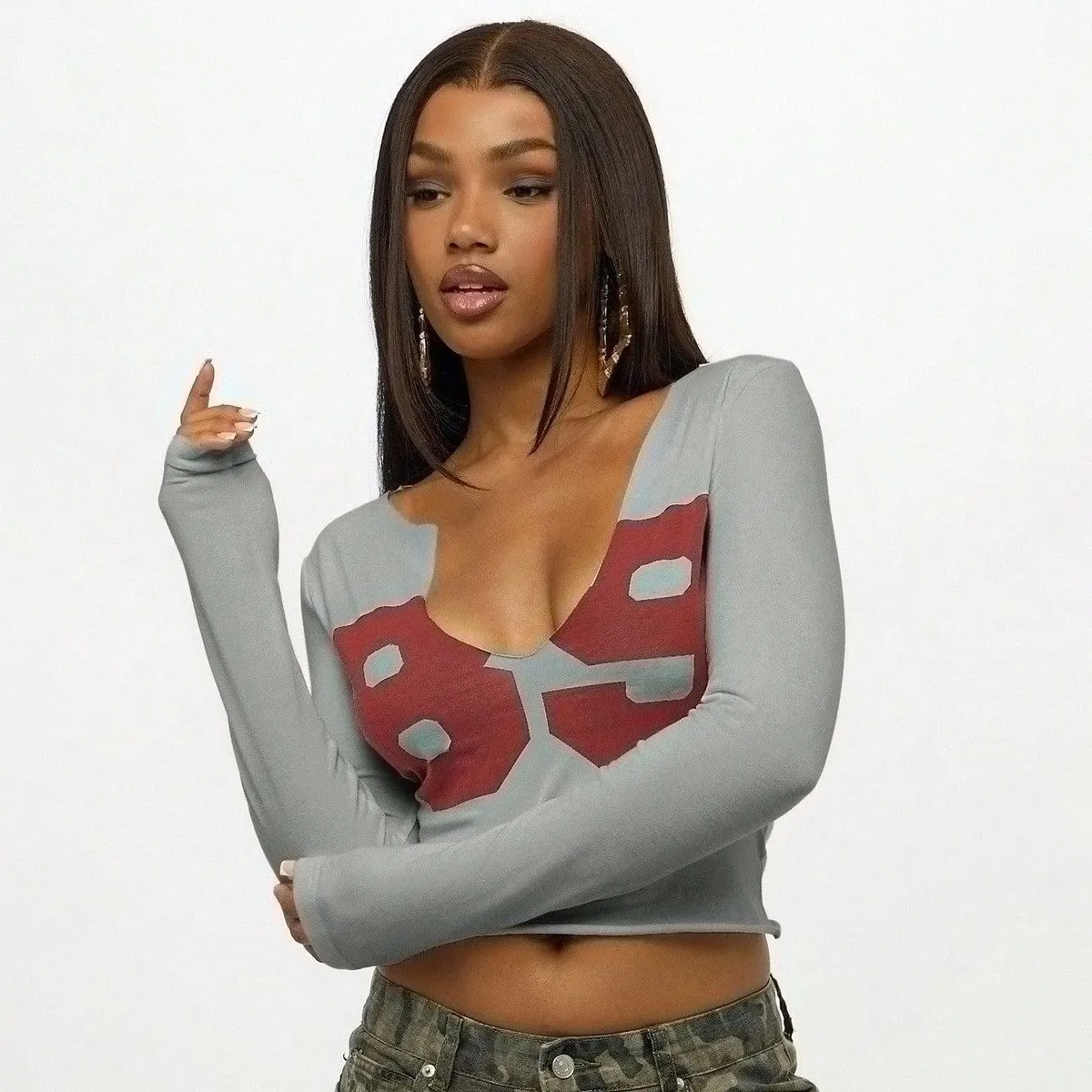 Women Fashion Sexy Spring And Summer Letter Print U-Neck Slim-Fit Long-Sleeve T-Shirt