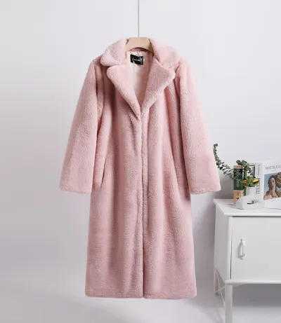 Autumn And Winter Women Fashion Warm Solid Color Lapel Faux Fur Long Coat