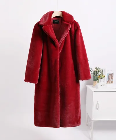 Autumn And Winter Women Fashion Warm Solid Color Lapel Faux Fur Long Coat