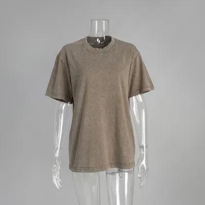 Women Fashion Casual Washed Old Round Neck Short-Sleeve Loose T-Shirt